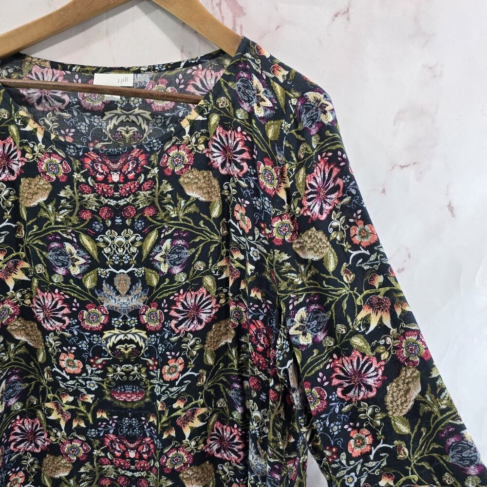 J Jill Shirt Womens XL Black Pink Floral Long Sleeve Rayon Blouse Slit Longline